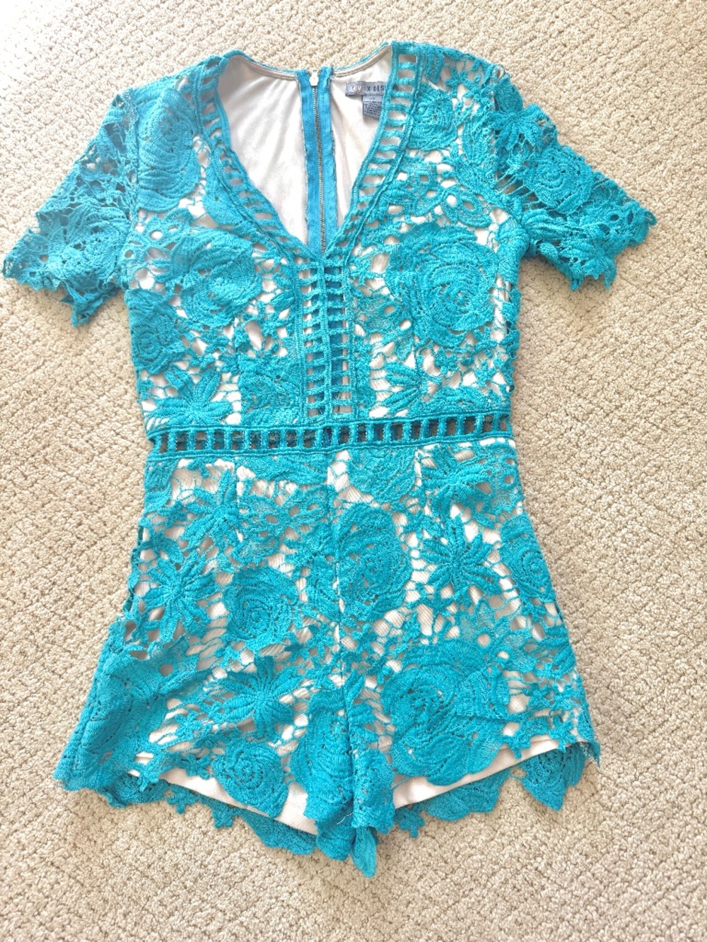 Teal Lined Crochet Shorts Jumpsuit - XS